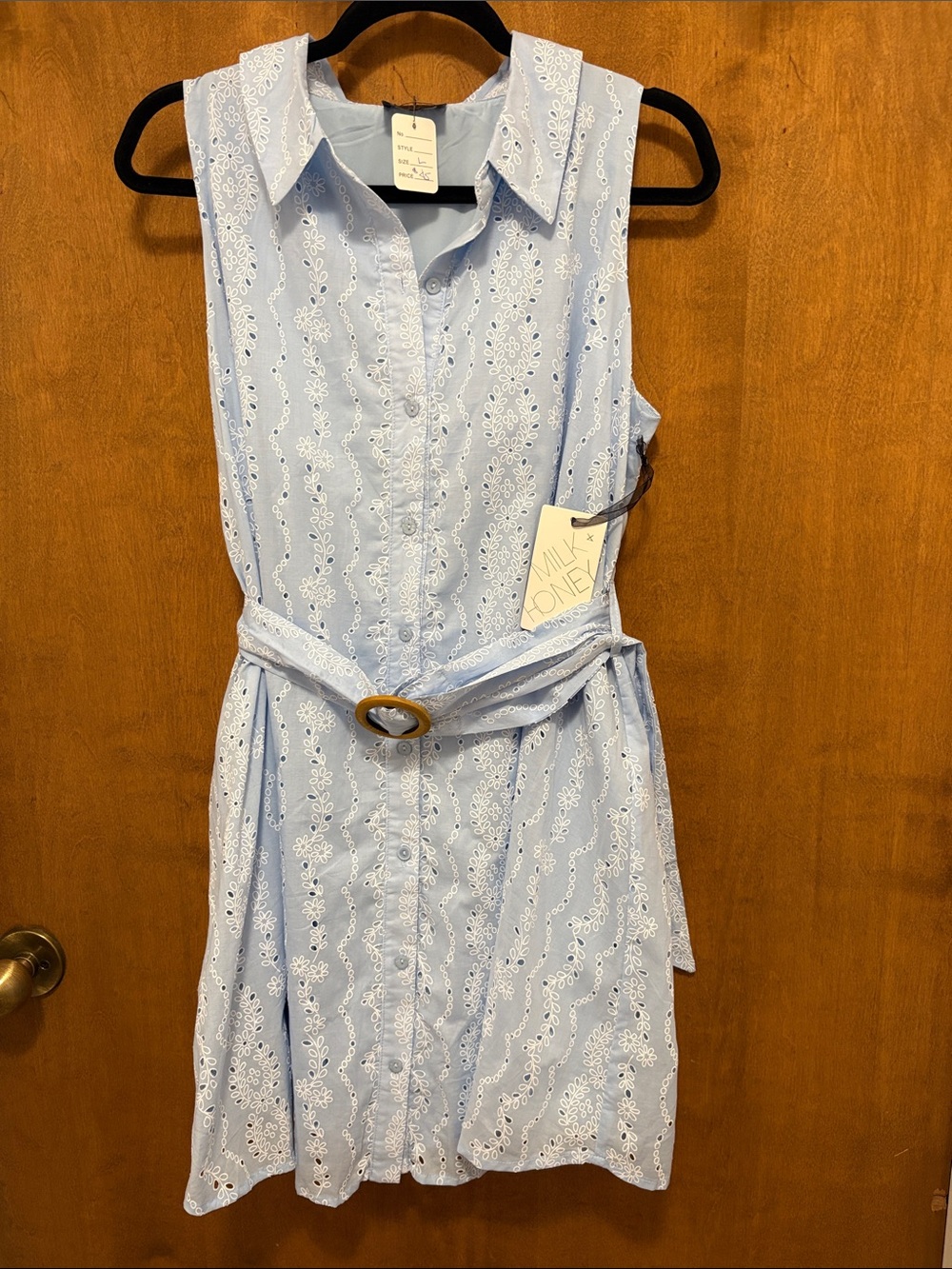 598. Milk & Honey Sleeveless Eyelet Shirt Dress with Belt - Light Blue -